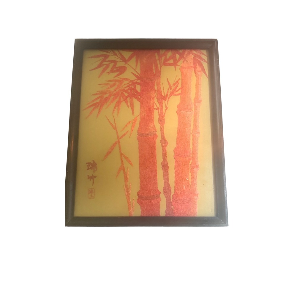 Vintage Red Bamboo Textile Art Framed Asian Embroidery Calligraphy Signed 20x16